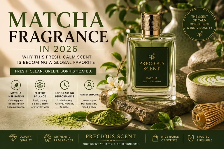 Matcha fragrance bottle with green tea inspired luxury styling