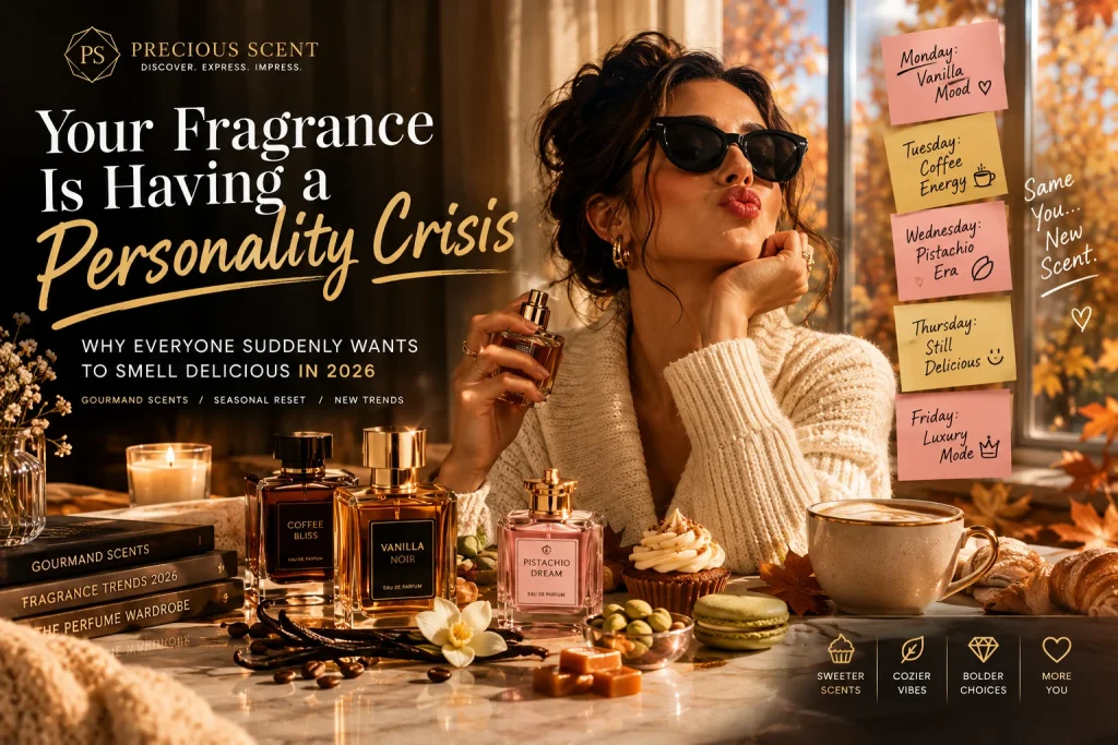 Fragrance trends 2026 with luxury bottles, warm gourmand scent and autumn setting